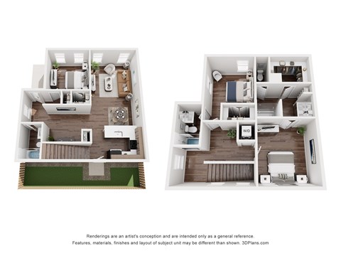 Two floor plans of a house with a kitchen, living room, and bedrooms.